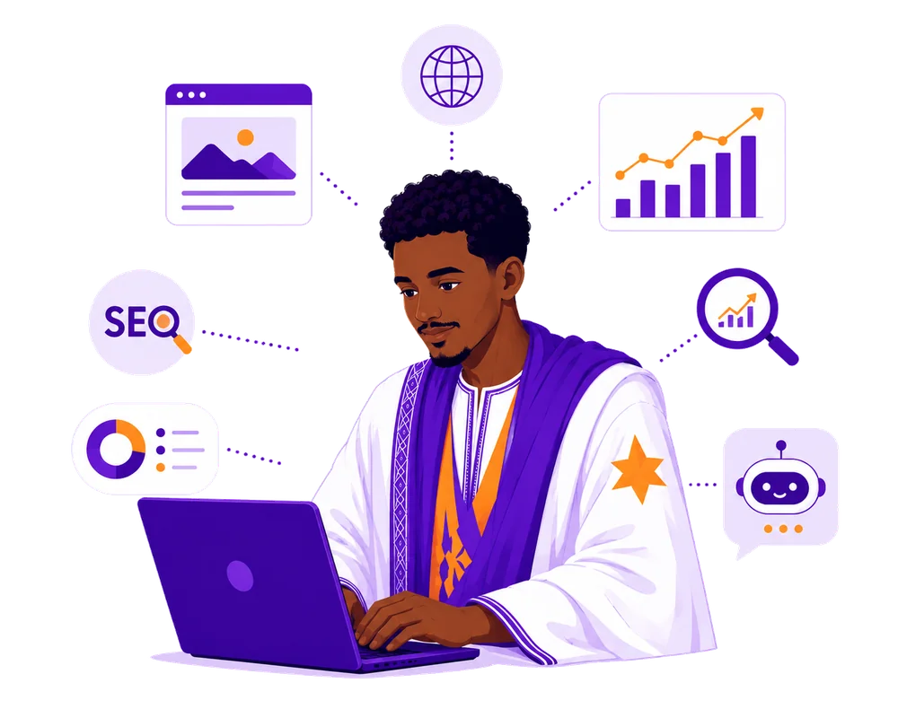 Expert BidayaTech accompagnant la transformation digitale d'une entreprise mauritanienne : SEO, site web, chatbot IA